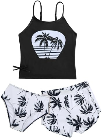 JiAmy Flickor 3-delar Bikini Set Tonårsflickor Baddräkt med Överdrag Sommar Strandbaddräkt för 8-14 År, Svart, 9-10 År