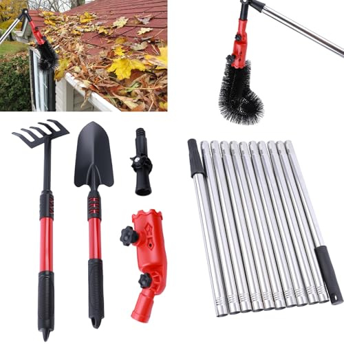 Gutter Cleaner,4M Telescopic Roof Gutter Cleaning Tools Kit with 11 Extendable Poles,Multi-Angle Roofing Cleaning Tool with Brush, Shovel and Rake for Removing Leaves, Debris (4M)