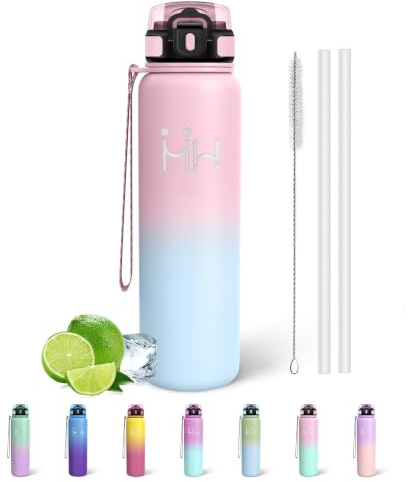 Mujigaga Borraccia Termica 1 litro, Senza Perdite Borraccia Acciaio Inox, Bottiglia Termica con Cannuccia, Facile da Pulire, Senza BPA Borraccie Palestra per Yoga, Trekking, Scuola