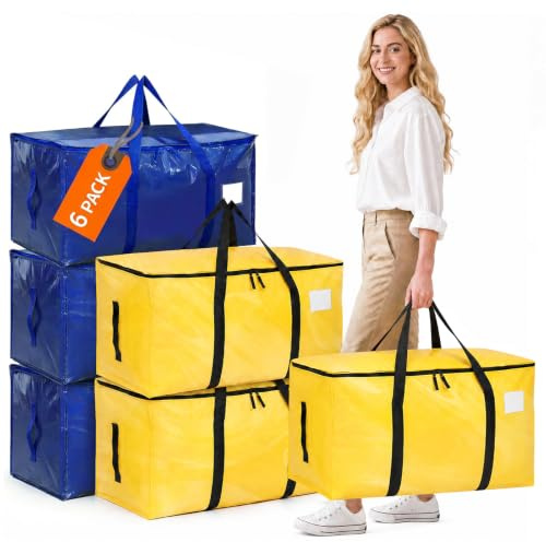 6 Pack Heavy Duty Moving Bags, 90L Extra Large Storage Bags with Dual Zips | Reinforced Handles, Foldable Reusable Packing Bags, Alternative to Moving Boxes, Ideal for Bedding, Clothes & Christmas Decor