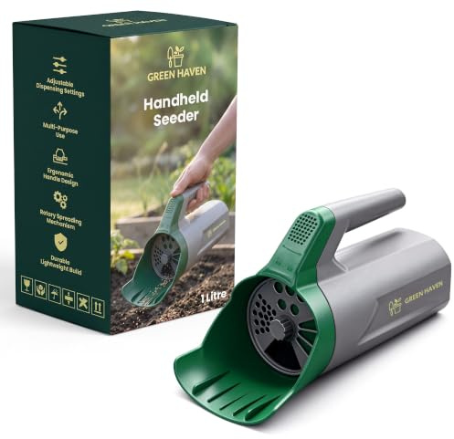 Green Haven Seed Spreader Handheld | Lawn Grass Feed | 1L | ADJUSTABLE FLOW DIAL: Lightweight Four adjustable settings, seeding fertiliser, lawn feed, rock salt & ice melt