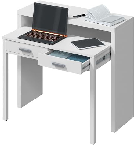 Habitdesign Mesa Escritorio Extensible, Mesa Estudio, Consola, Color Blanco Artik, Medidas: 98,5 cm (Largo) x 36-70 cm (Fondo) x 87,5 cm (Alto)