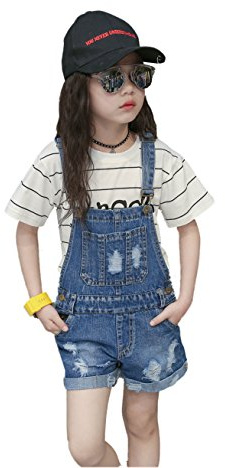 KIDSCOOL SPACE Salopette di Jeans da Bambina, Pantaloncini di Jeans Strappati Grandi