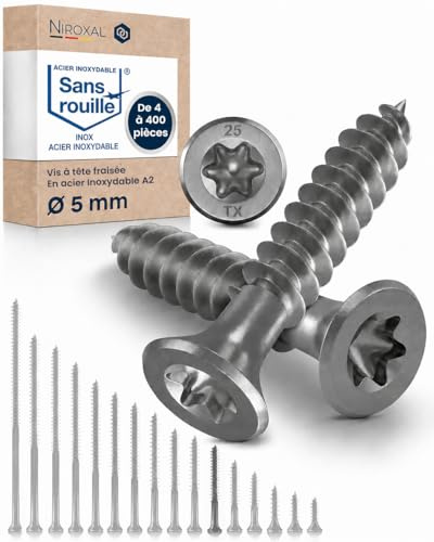 Tornillos para madera de acero inoxidable A2 con cabeza avellanada Torx TX25 – Rosca parcial – 5 x 40 mm – 400 unidades – Tornillos universales para madera