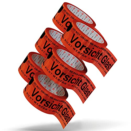 LILENO HOME Paketband Vorsicht Glas zerbrechlich 5cm x 66m in rot (6 Rollen) - Vorsicht Glas Paketband extra stark - Klebeband mehrsprachig für fragile und zerbrechliches Glas - Paketklebeband
