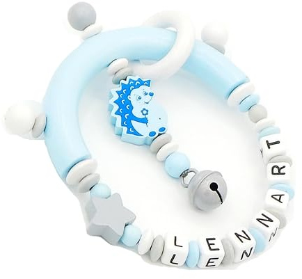 Greifling mit Namen - Igel/Stern in babyblau/hellgrau/weiss