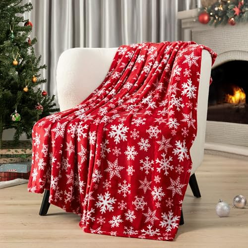 PAVILIA Manta de Navidad | Cobija de Forro Polar de Navidad de Copo de Nieve Rojo | Suave, Afelpada, cálida Manta de cabaña de Invierno, 50 x 60 Pulgadas (Copo de Nieve Rojo/Blanco)