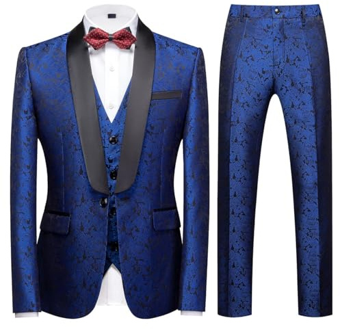KUDORO Abito da Uomo 3 Pezzi Paisley Slim Fit Abiti da Sposa Abito Elegante Cerimonia Abito da Smoking Blazer Gilet Pantaloni(Blu,L)