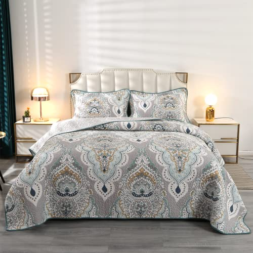 Qucover Bedspreads King Size 230x250 cm Elegant Luxry Baroque Pattern Quilted Bedspreads, Lightweight Summer Cotton Quilt Set and Pillow Shams