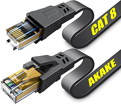 Akake Cat 8 Ethernet Cable, 0.5M 1M 2M 3M 5M 6M 9M 12M 15M 18M 30M Heavy Duty High Speed Flat Internet Network Cable, Professional LAN Cable Shielded in Wall, Indoor&Outdoor(0.5M), Black