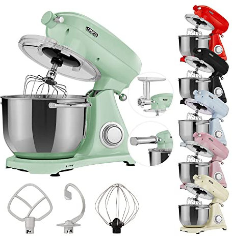 Arebos Robot Pâtissier Professionnel 1800W Retro | Vert | Faible Bruit | Robot de Cuisine Multifonction avec Fouet, Batteur, Crochet | Bol d'Acier Inoxydable 6 Litres | 6 Vitesses