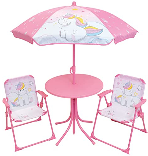 Mobilier de jardin - FUN HOUSE - Salon de jardin Licorne : Table H.46 x 46 cm, 2 chaises pliantes, parasol H.125 x�100 cm