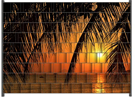 Wallario Zaun Sichtschutz Windschutz für EIN- und Doppelstabmattenzäune in der Größe Breite 2,50m x Höhe 1,80m, Motiv: Sonnenuntergang unter Palmenblättern