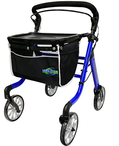 HEALTHLINE Rollator Walker Euro Style - Lightweight 4 Wheel Eldery Walker - Rollator Walkers for Seniors with Basket & Tray - Narrow Doors Indoor Rollator Blue Color