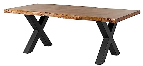 MASSIVMOEBEL24.DE | Freeform 5 Baumkantentisch aus Massivholz - Natur | 180x90 cm | Metallbeine X-Form anthrazit matt | aus Akazienholz | Esstisch echte Baumkante