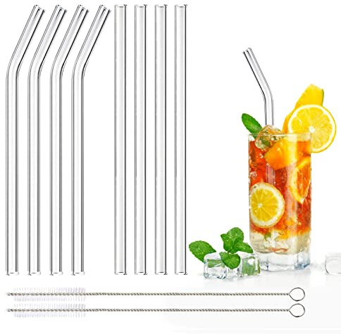 DONQL 8 Stück Glasstrohhalme mit 2 Reinigungsbürsten 20cm(Gerade & Gebogen)
