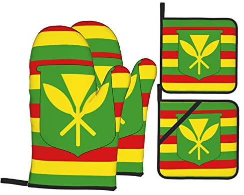 Ensemble de gants de cuisine et maniques pour barbecue - Résistants à la chaleur - 250 °C - Motif drapeau hawaïen