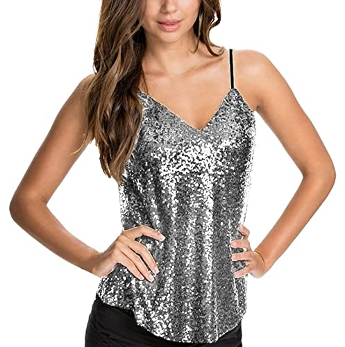 Damen Tops Pailletten Glitzer Oberteile Tank Party Weste Ärmellos Tunika Sequin Trägertops Verstellbare Träger top Spaghettiträger Blusen