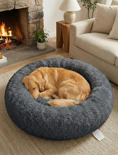 OKPOW Camas Perros Grandes Ortopedica - Colchoneta Perro Redonda Suave y Esponjosa - Cama para Gatos Anti-Ansiedad Cómoda - Manta de Felpa Lavable