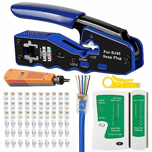 Dasxskj Kit de herramientas de crimpado RJ45, crimpadora Ethernet Cat6 Cat5e Cat5 con 30 conectores Cat6, 30 cubiertas, herramienta de perforación 110, probador de cables, pelacables