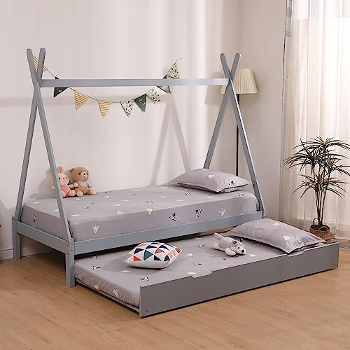 SlumberWorx HARRY KIDS WOODEN TEEPEE TENT SINGLE BED FRAME OPTIONAL TRUNDLE & MATTRESS - GREY/WHITE (Grey With Guest Trundle, No Mattress)