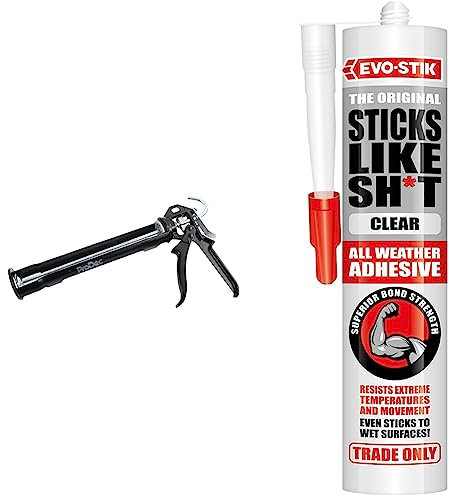 ProDec PRCG11 Advance Heavy Duty Revolving Caulking Gun for Applying 400ml and 310ml Cartridge Caulks, Sealants, Black & EVO-STIK Sticks Like Sh*t Adhesive, All Weather, Clear, 290ml