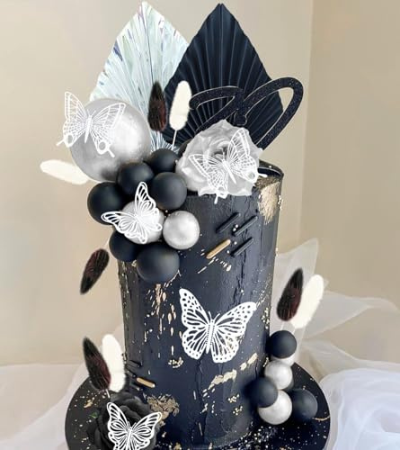 JeVenis Gothic Kuchendekoration schwarze Rose Tortenaufsatz Goth Schmetterling Palmenblätter Punk Kuchendekoration für Hochzeit Brautparty