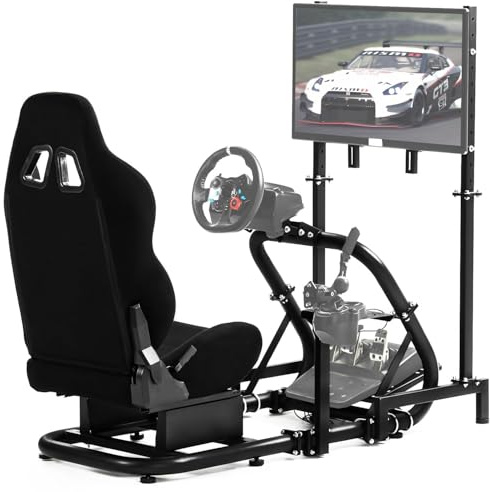 Dardoo Racing Sim Cockpit with Monitor Stand and Seat Compatible with Logitech G29 G920 G923, for Thrustmaster T248 T300, for Fanatec GSL DD
