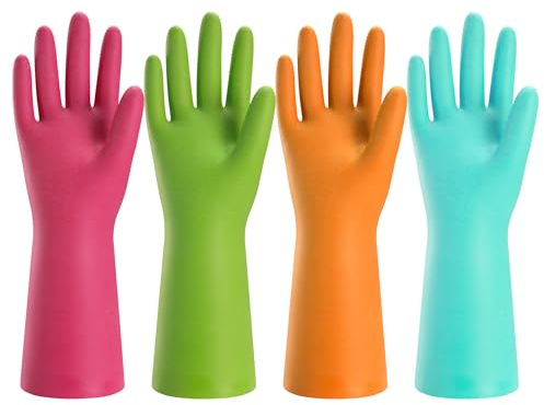 Bamllum Rubber Cleaning Gloves for Kitchen - 4 Pairs Reusable Dishwashing Gloves for Household, Flexible Long-lasting & Waterproof (Small, Blue+Green+Red+Orange)