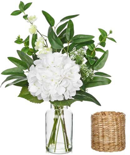 Hollyone Flores artificiales en jarrón de cristal con manga de ratán, hortensias falsas de 43 cm, arreglos florales blancos para decoraciones, flores artificiales para tumbas, decoración del hogar