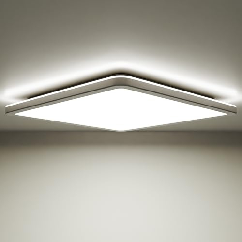 Epochglo LED Ceiling Light, Flat Panel, IP54 Waterproof, 15W 1800lm 4000K, for Bathroom, Kitchen, Hallway, Basement, Wet Room - Ultra Thin, 22cm, Square, White