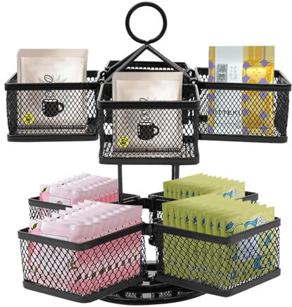 Acesunny Cajas de té giratorias, caja de té vertical, organizador de té de hierro, organizador de bolsas de té negro, almacenamiento para el hogar