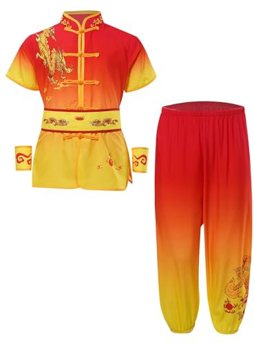 Zaldita Jungen Mädchen Tai-Chi Kleidung Kurzarm Kung Fu Oberteile Mit Wushu Hose + Gürtel + Armbänder Taiji Anzug Wing Chun Trainingsanzug Rot Gelb 158-164