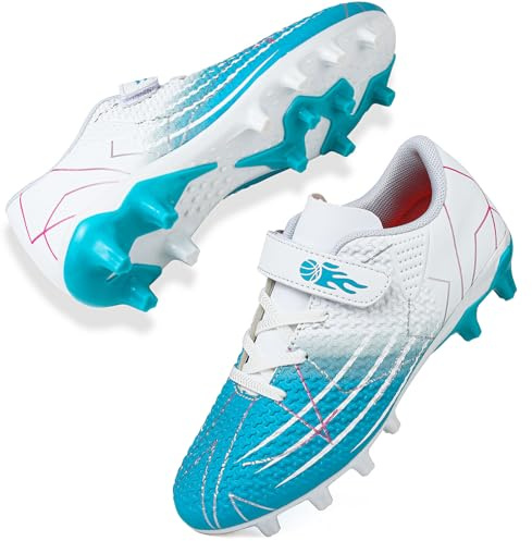 Mufanton Boys Football Boots Shoes Kids FG/AG Soccer Cleats Shoes Athletics Training Sport Running Shoes Professional Competition Indoor Outdoor Football Shoes for Teenage Unisex,White Blue,UK2.5