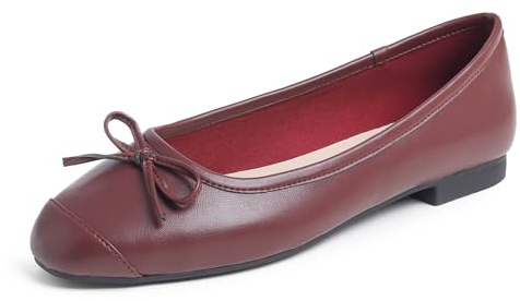 Feversole Women's Square Toe Fashion Flat,Punta Quadrata Easy Buckle Tacco Basso Slip On Flats in Pelle vegana Punta Liscia Borgogna 38 EU