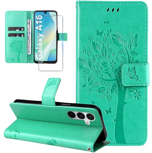 Dcjlbo Cover per Samsung Galaxy A16 4G/5G Custodia Cover in Pelle Portafoglio a Libro con Pellicola Vetro Temperato Porta Carte Cover Flip Case Antiurto Custodia per Samsung A16 4G/5G-Verde