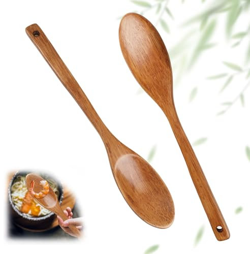 Lot de 2 Ustensiles de Cuisine Bois Anti-rayures, 33CM Cuillere en Bois Longue Manche pour Mélanger Cuisiner, Grandes Cuillères bois de Service Antiadhésives, Naturel et Durable, pour Remuer et Servir