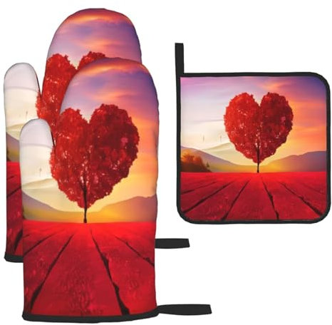 Set di 3 guanti da forno a forma di cuore e presine, impermeabili, resistenti al calore fino a 260 °C, guanti da forno a microonde, guanti da cucina per chef, barbecue, guanti da cucina