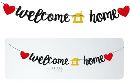 Welcome Home Banner, Black Glitter Welcome Back Home Yard Sign Family Party Supplies Funny Party Decor for Family Celebrations Housewarming Theme Parties