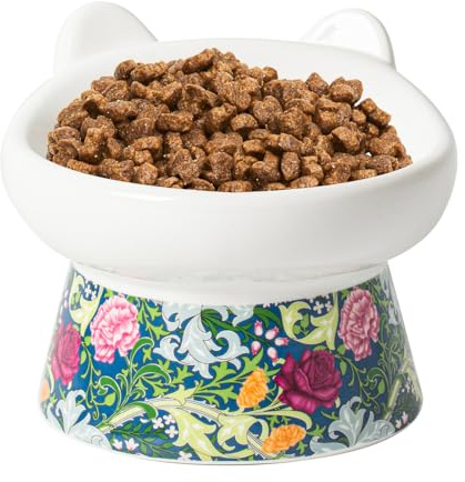 TIGOADT Gamelle en Céramique pour Chat, Surélevée, Large et Peu Profonde à Gamelle Inclinée avec Support, Bol Chat Anti-Vomissement Idéal pour Chatons et Chats Âgés (Motif Floral)