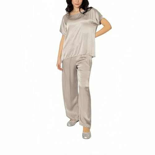 Completo Donna Elegante Tailleur in Raso 100% Viscosa 2 Pezzi Set Completi di Pantalone e Maglia da Cerimonia a Taglia Unica. (IT, Testo, Taglia unica, Regular, Regular, completo, Fango)