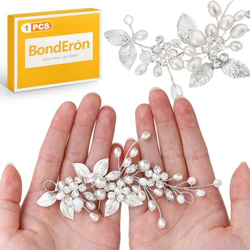 BondEron Silber Kristall Braut Stirnband Hochzeit, Elegantes Haarschmuck mit Strass Blatt Ranken Design, Kopfschmuck für Brautjungfern Damen Abschlussball