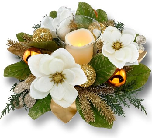 Centrotavola da 45 cm con portacandele a LED senza fiamma, design con magnolia artificiale bianca, sfere dorate e rami di abete rosso per decorazioni natalizie (bianco)
