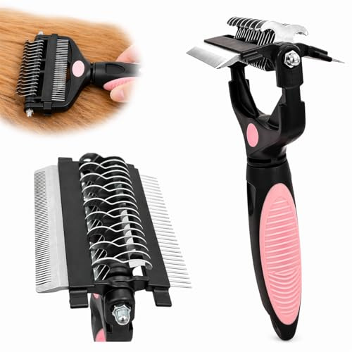 3-in-1 Deshedding, Dematting & Detangling Pet Tool, Cat Brush Dog Brush for Grooming for Short, Long, Medium Haired Pets - Removes Knots, Loose Fur, Mats, Undercoat Rake Dog Cat (Pink)