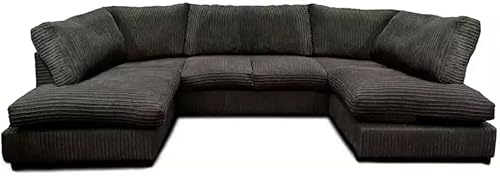 Jumbo Cord U Shaped Sofas - Washable Fabric Corner Sofa Grey - Comfortable 3 and 2 Seater Scatter Back - Large U Shape Bishop Modular Settee - Sofa Bed for Living Room Lounge (Black, Highback)