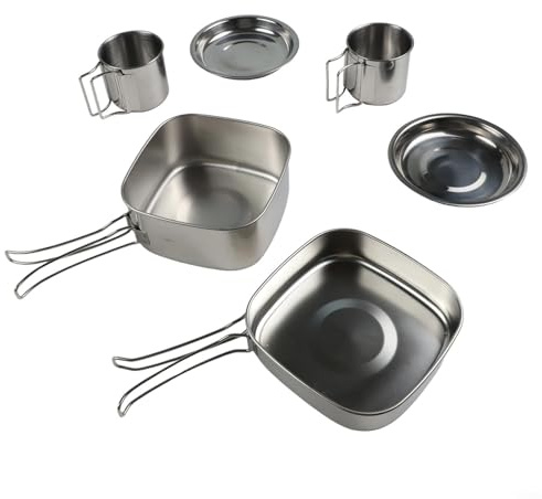 Portable Stainless Steel Crockery Set for Hiking and For Camping, Perfect for Outdoor Activities, Includes Cups, Plates, Hot Pot and Frying Pan