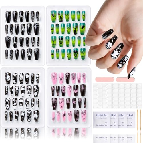 96 Stück Halloween Falsche Nägel mit Nagelkleber Coffin - Schwarz Mittel Press on Nails French Tip mit Grusel Designs wie Schädel, Spinnweben - Nägel Acrylnägel für Frauen Nails Art (Schwarz D)
