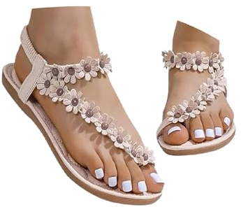 Sandalias de playa para mujer, planas con separadores de dedos, cómodas sandalias romanas con adornos florales, chanclas ortopédicas para pies anchos, beige, 43 EU
