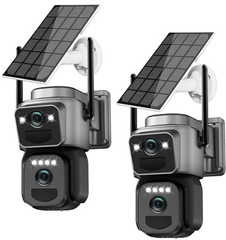 Budsun 8MP Camera Surveillance WiFi Exterieure sans Fil,Camera Solaire/Batterie/Double Objectif,360°PTZ Sécurité à Domicile,Suivi Automatique,Vision Vocturne,Alarme,Audio Bidirectionnel,2PCS