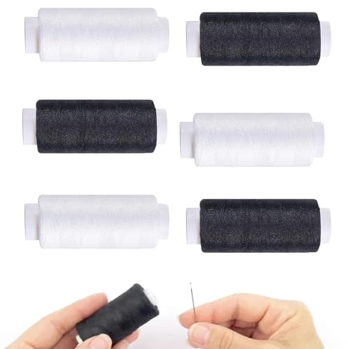 6-Pack Polyester Sewing Thread Set - 3 Black & 3 White Spools, Each for Machine & Hand Stitching, Quilting, and Crafting